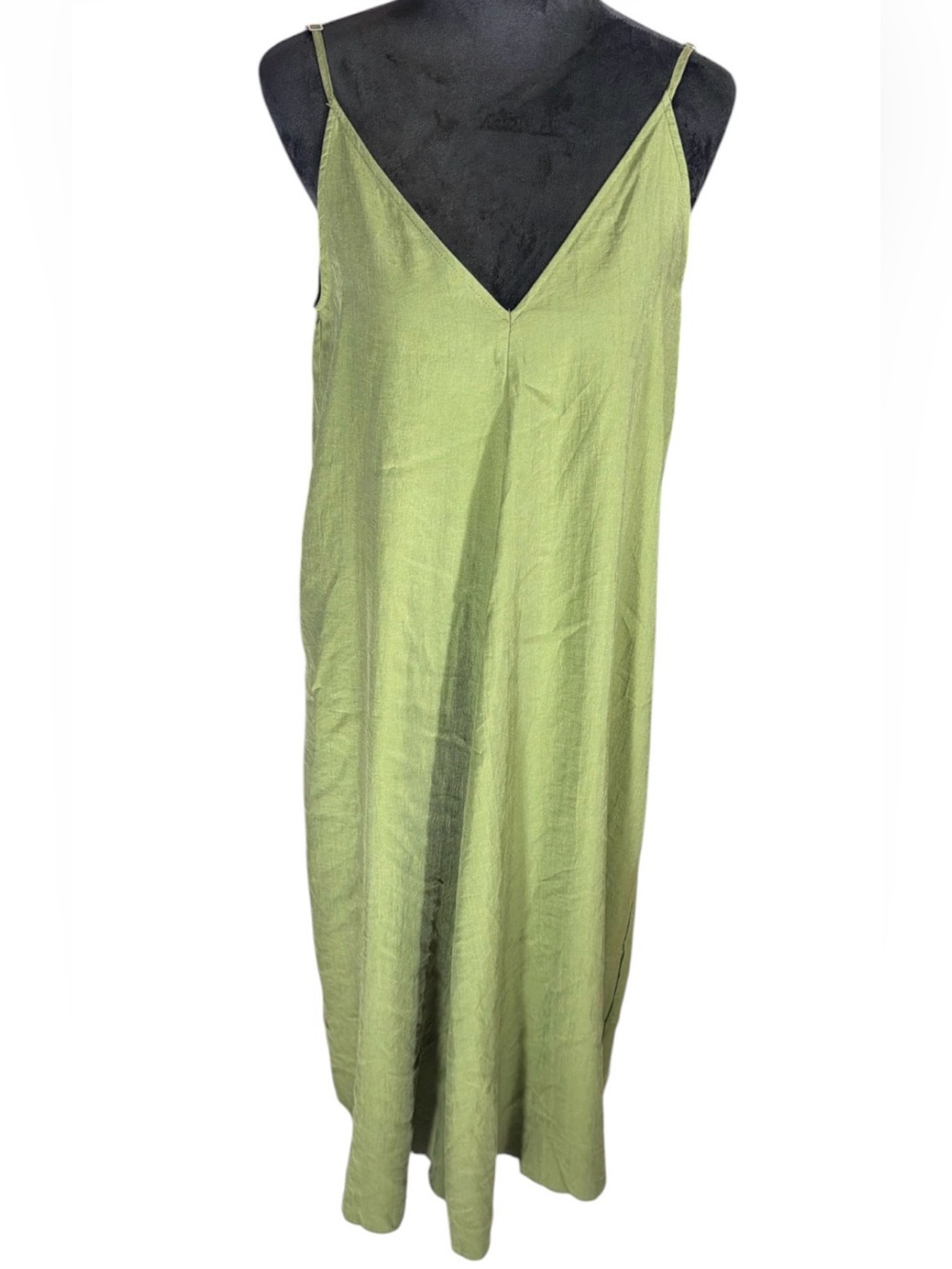 ZARA Olive Green Linen Maxi Slip Dress with V-Back - Picture 2 of 4